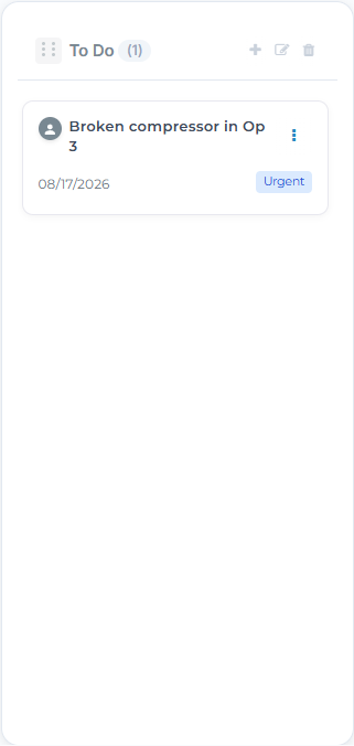A To Do column with a card named Broken compressor in Op 3 carrying an Urgent tag.