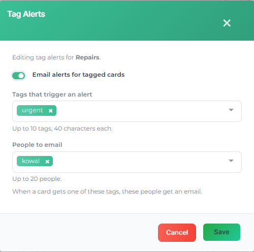 The Tag Alerts window: the Email alerts for tagged cards toggle, an urgent tag under Tags that trigger an alert, and a teammate under People to email.