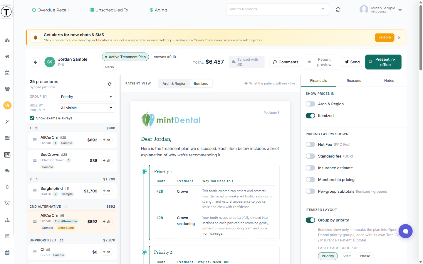 The Builder with the list of procedures and their alternatives on the left and the live plan view in the center.