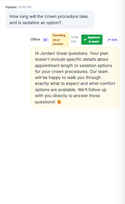 The Comments panel showing a patient question and an AI-drafted reply held for review, with Approve & send and Edit buttons.