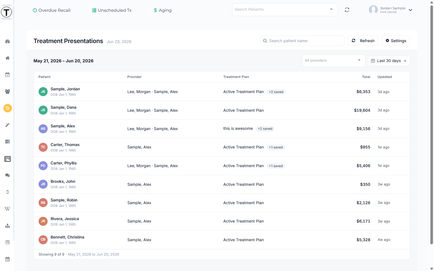 The Treatment Presentations dashboard listing patients with planned treatment, each with a total and provider, plus search and a date-window filter.