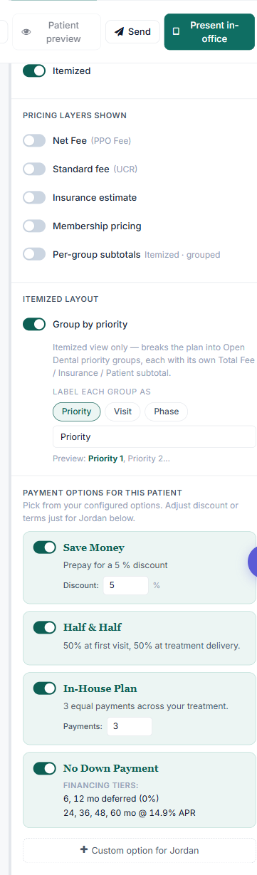 The Financials tab showing the "Show prices in" toggles and the "Pricing layers shown" toggles.