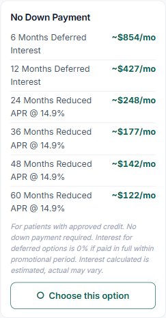 A financing option on a plan showing a tier table of terms, each with an estimated monthly payment.