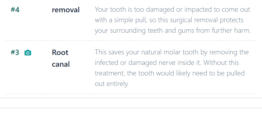 An Itemized row for tooth #3 with a camera icon beside the tooth number, next to a row for #4 without one.