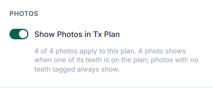 The Photos section of the Builder right panel: the Show Photos in Tx Plan switch and a count of how many photos apply.