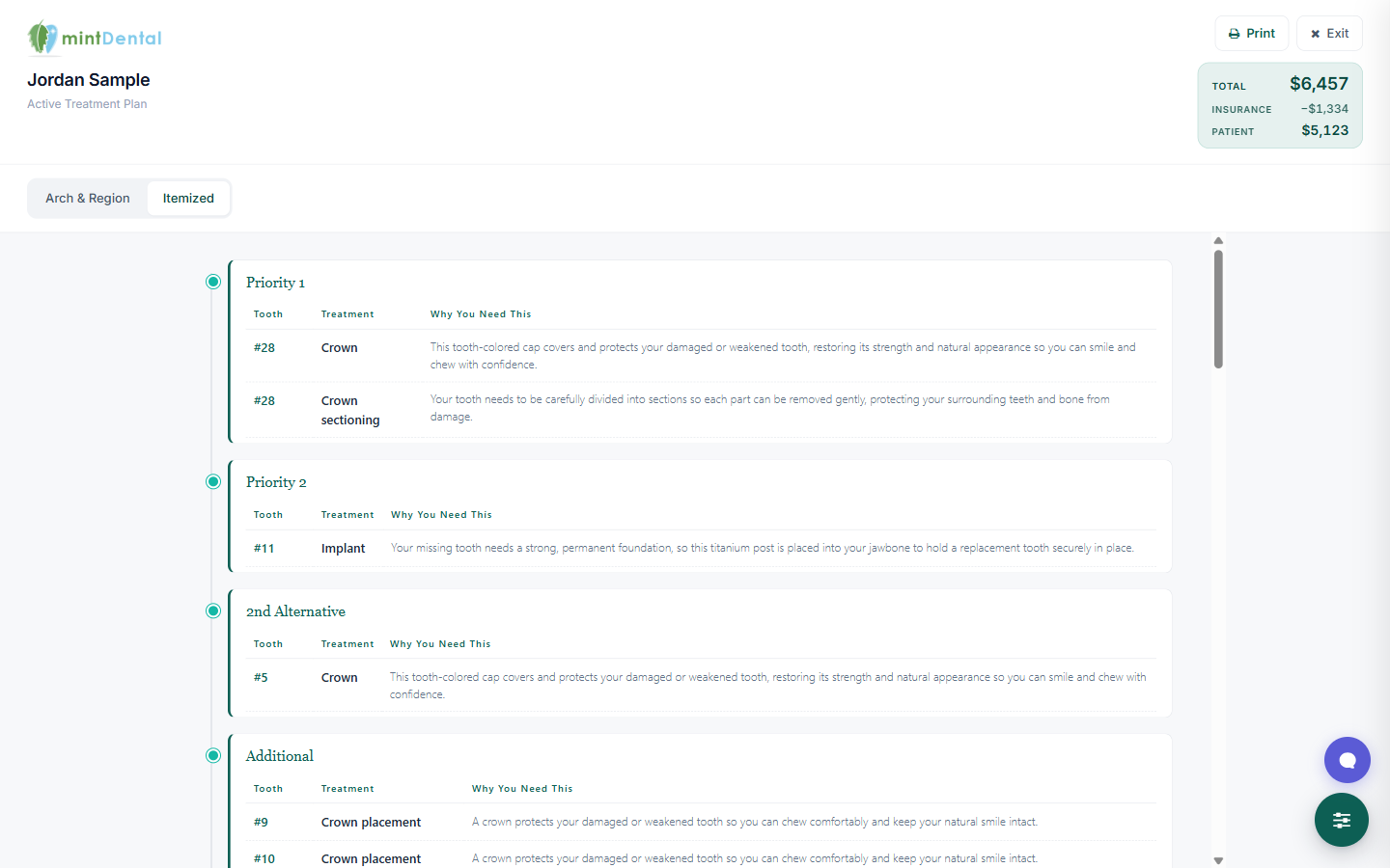 Present Mode showing the practice name, the patient and plan, the plan view, and the total.
