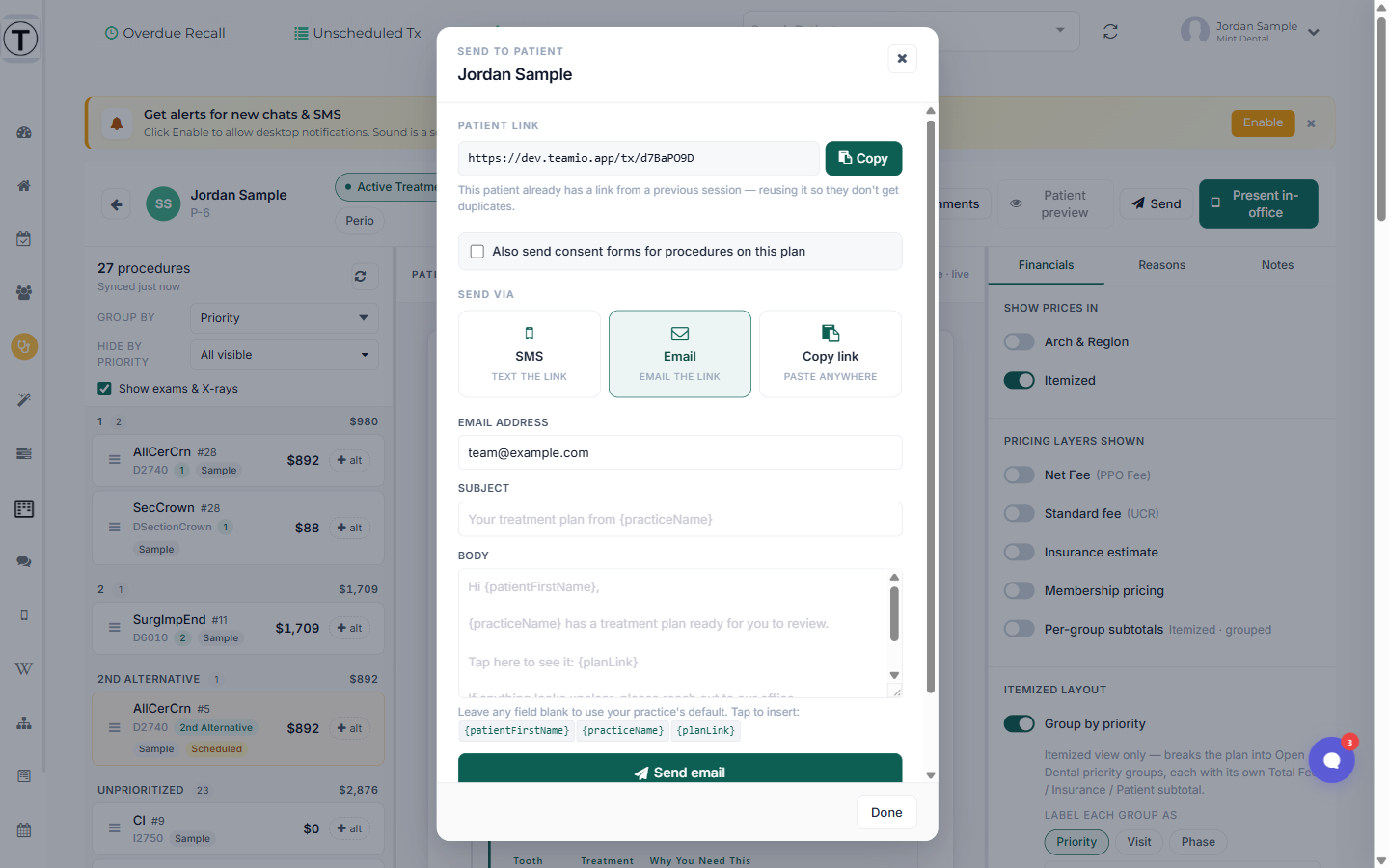 The Send window with the patient link, the delivery buttons, and the "Also send consent forms" checkbox.