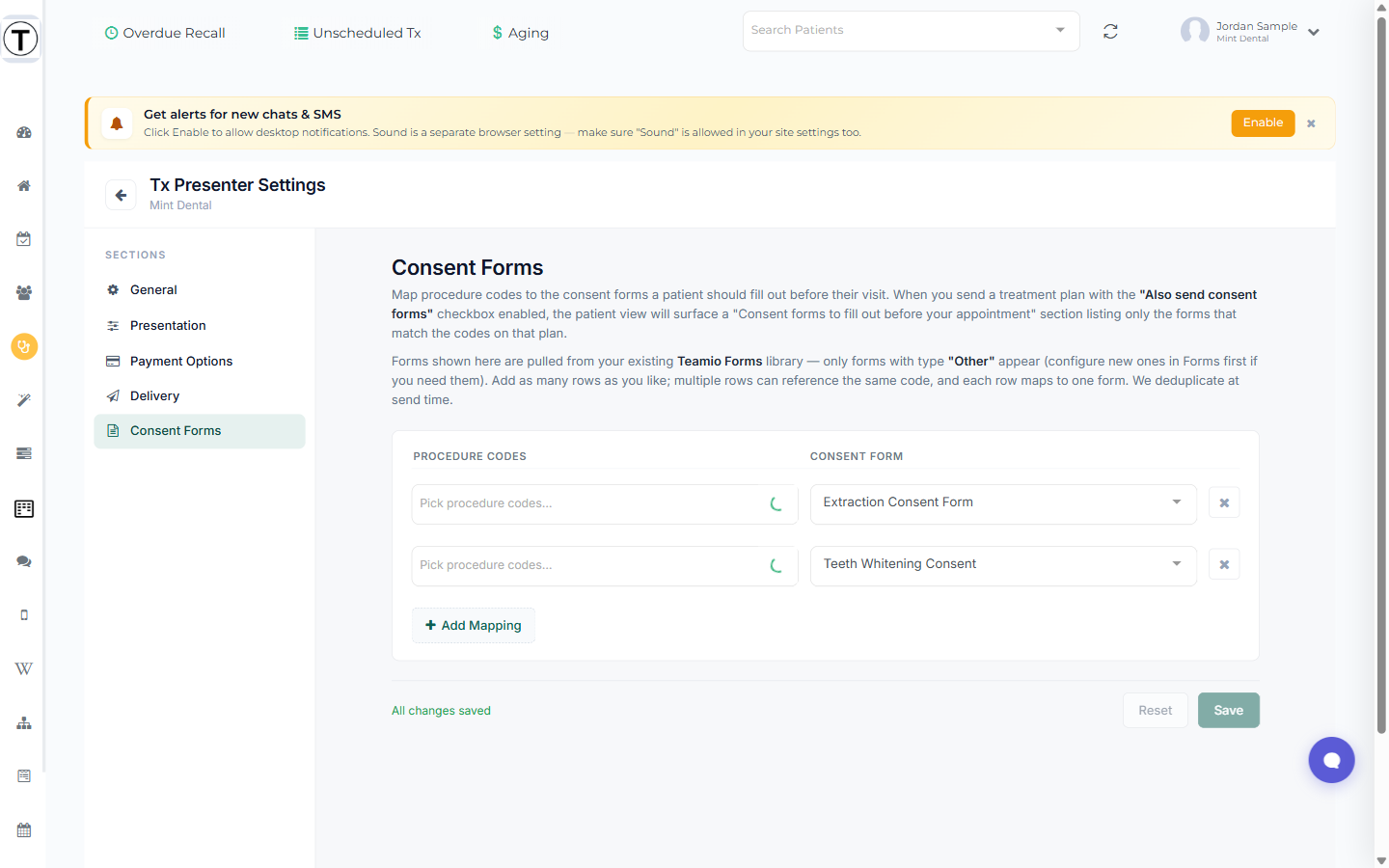 The Consent Forms settings showing procedure-code chips mapped to a form.