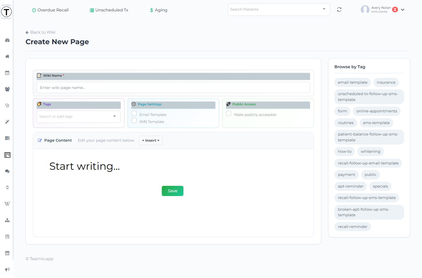 Create New Page screen with the Wiki Name, Tags, Page Settings, Public Access panels and the Page Content editor.