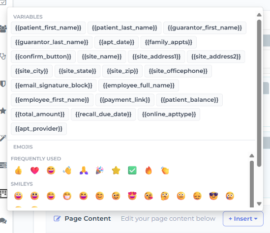 The Wiki editor's + Insert menu open over Page Content, with the {{email_signature_block}} variable chip visible among the other available variables.