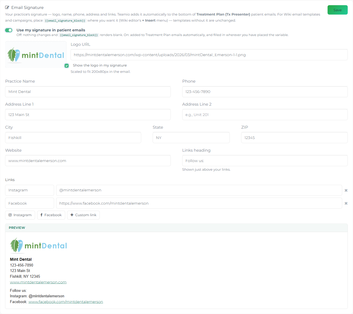 The Email Signature card under Settings → Email, showing the on switch, the Upload logo button and preview, all signature fields, the Links rows, and the Save button.