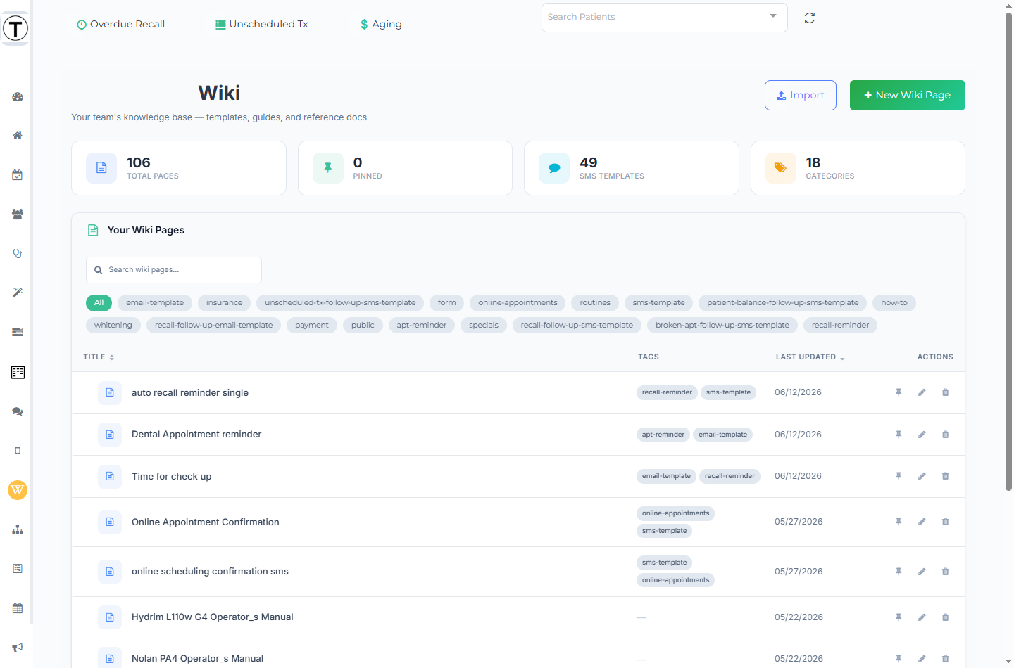 Wiki home with the stats bar, search box, tag filter chips, and the Pinned and All Pages table.