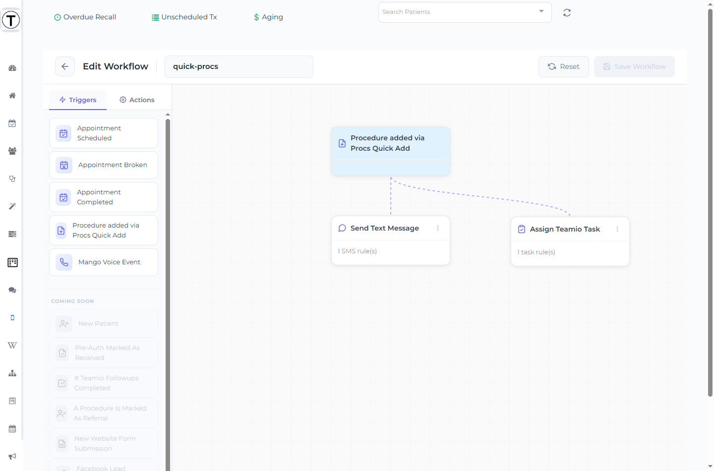 The visual workflow builder with a trigger node connected to action nodes on a dotted canvas.