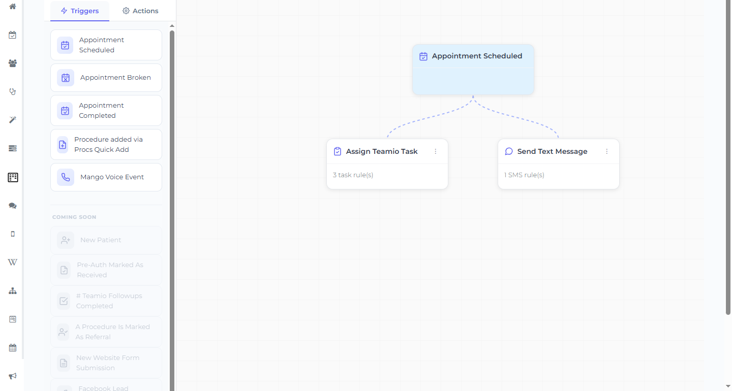 An appointment-trigger workflow in the builder wired to an Assign Teamio Task action, where the task rule is filtered by procedure code.