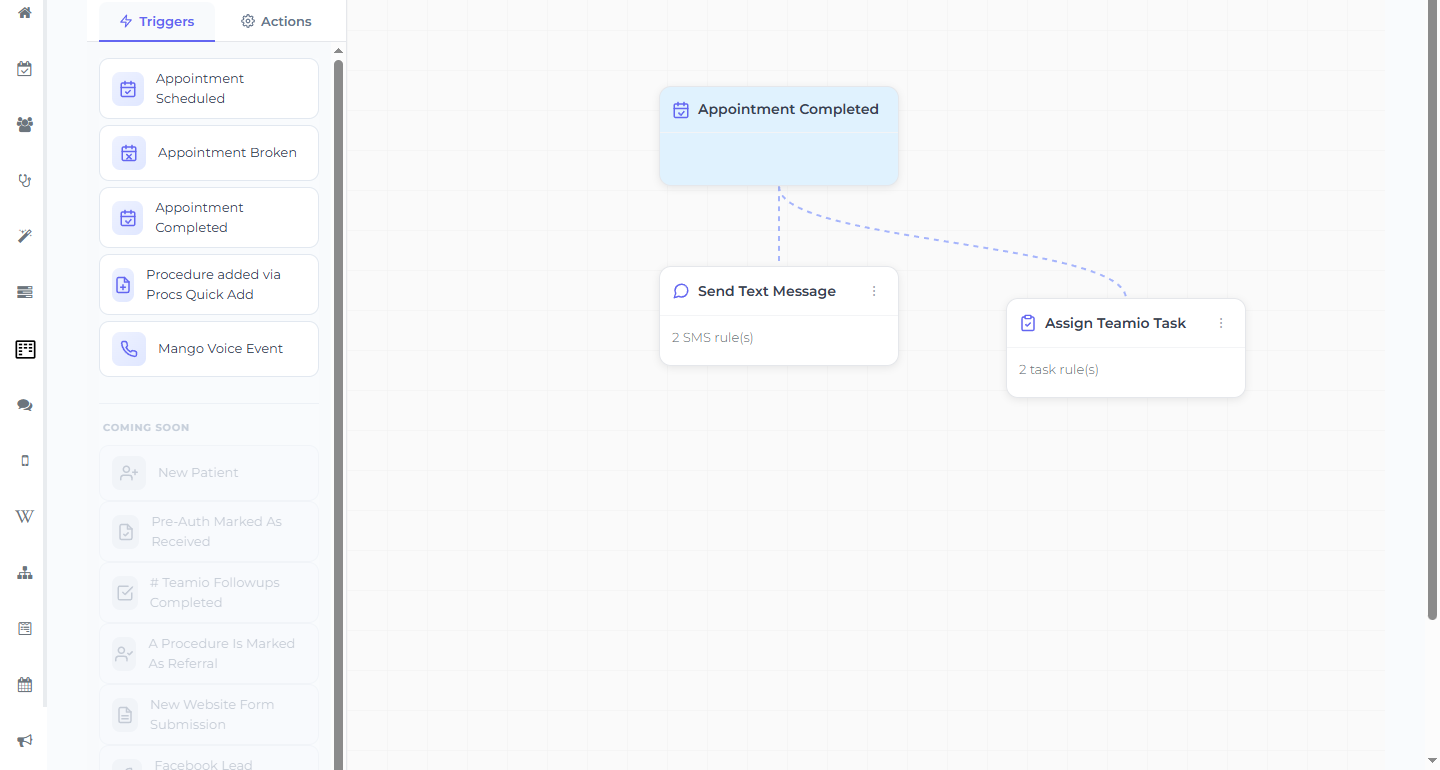An Appointment Completed trigger wired to an Assign Teamio Task action in the workflow builder, where the task is routed to the treating provider.